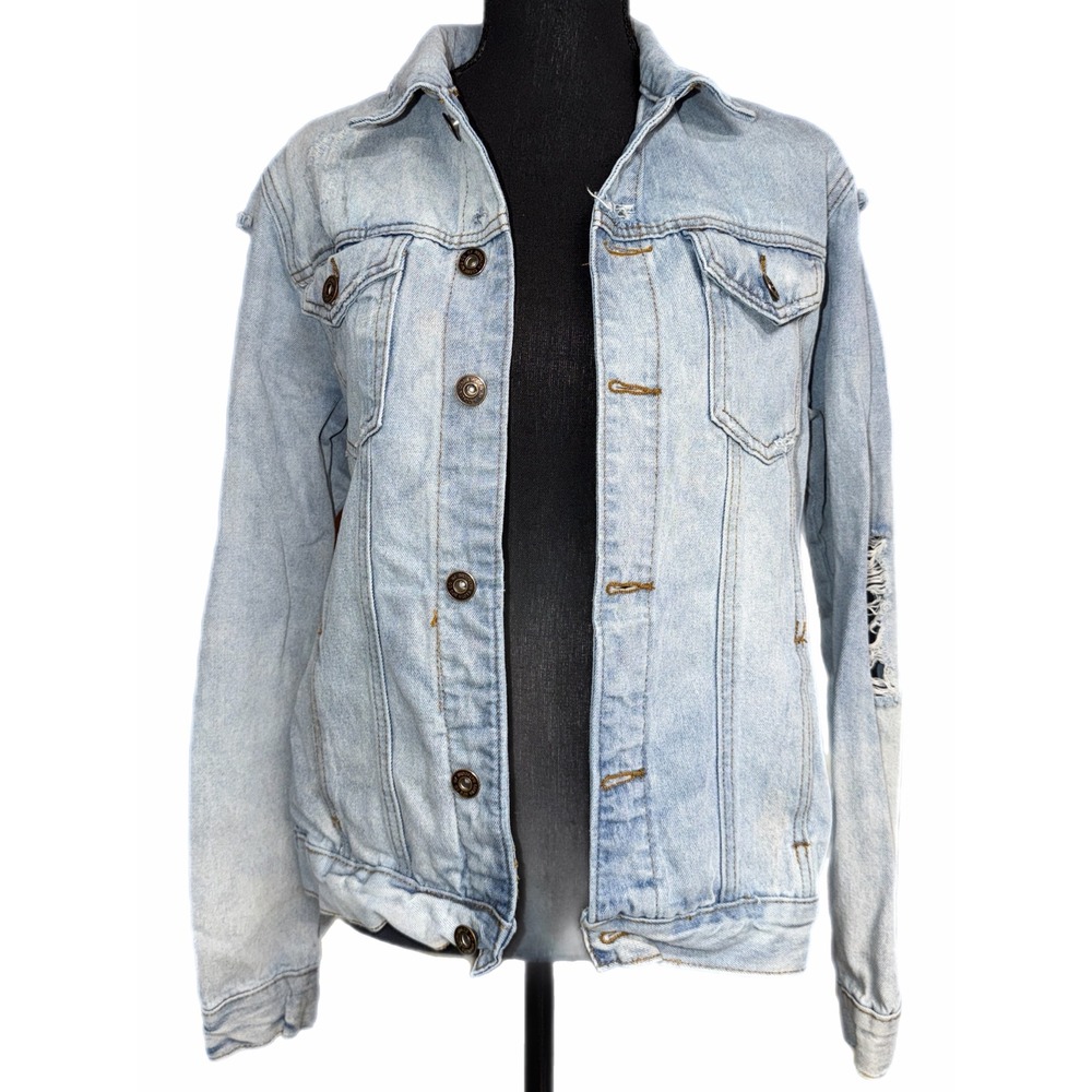 Brooklyn Cloth Mens Light Wash Distressed Denim Trucker Jacket Small Blue Rip S
